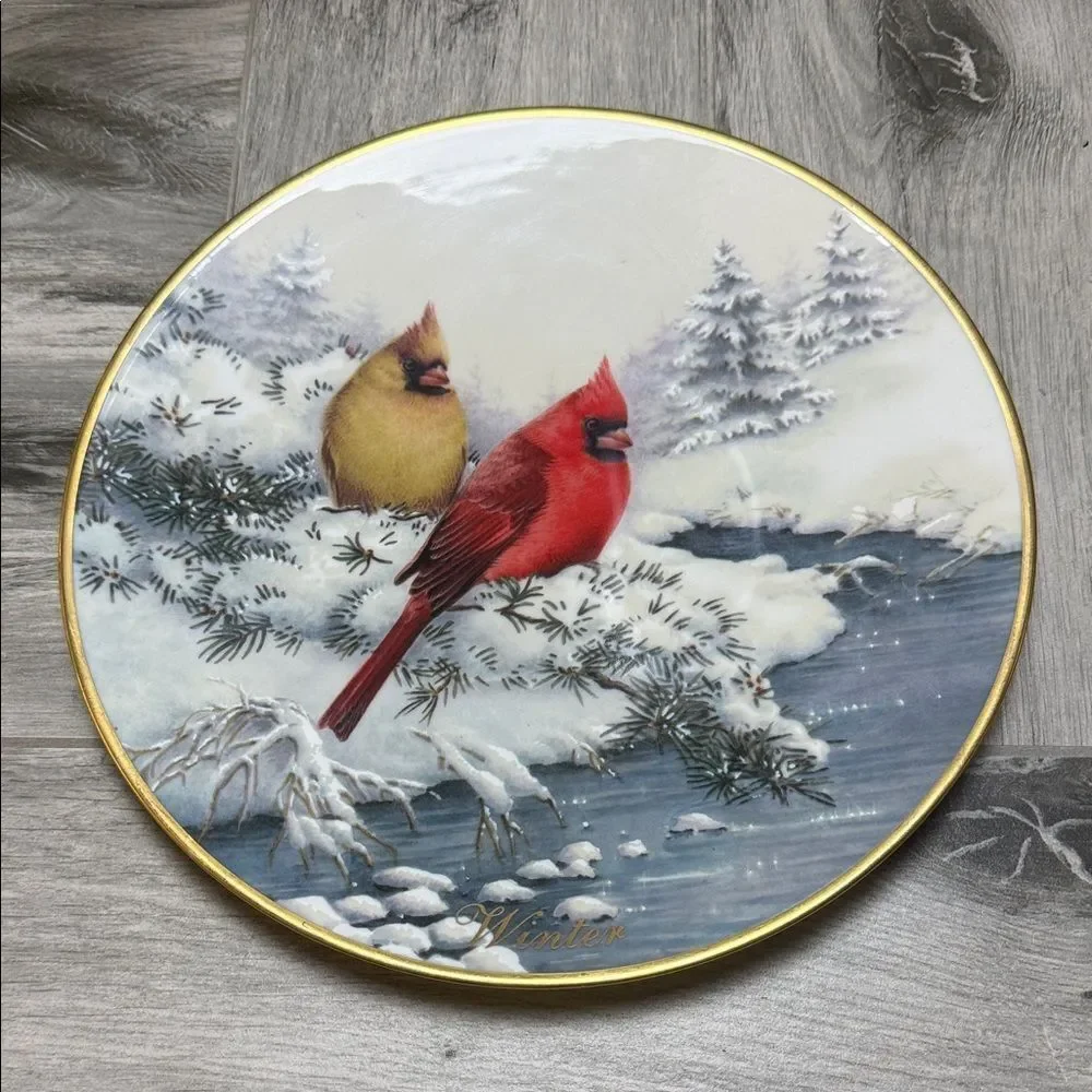 Lenox Winter Four Seasons Collector Plate with Red and Yellow Cardinals 10”